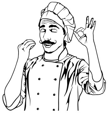 Chef Gesture Delicious - Black and White Sketch Illustration, Vector