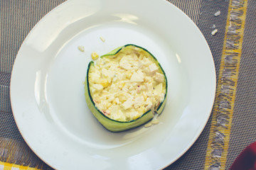 process of preparation of salad by the child at school of young cooks