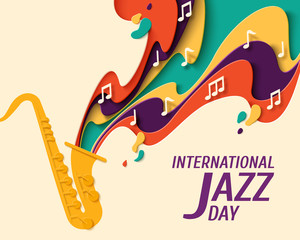 Fototapeta premium International Jazz Day - music paper cut style poster for jazz festival or night blues retro party with saxophone and notes. Vector paper craft vintage music background