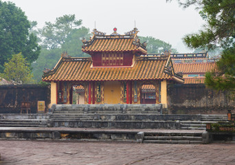 Vietnam, Hue. The Hien Duc Mon entrance gates leads to the worship place after the Salutation Court at Imperial Minh Mang Tomb complex.