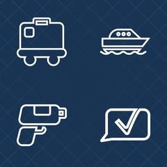 Premium set of outline vector icons. Such as airport, suitcase, terminal, cartoon, arrival, transportation, vessel, airplane, bubble, message, graphic, element, flight, sail, retro, pistol, tourism