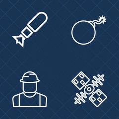 Premium set of outline vector icons. Such as signal, solar, graphic, missile, professional, hat, people, bomb, explode, background, science, explosion, space, work, death, rocket, communication, job