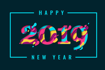Fototapeta na wymiar 2019 Happy New Year paper craft holiday background. Vector winter holiday greeting card with paper cut numbers 2019 design for seasonal flyers, banners, posters.