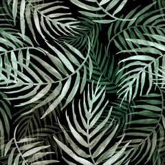 Naklejka na ściany i meble Seamless watercolor pattern, background. Palm leaf background, postcard. Green tropical palm leaf. Illustration for design wedding invitations, greeting cards, postcards.