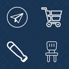 Premium set of outline vector icons. Such as trolley, recreation, bat, buy, sale, communication, object, message, refreshment, game, cart, internet, wood, business, sport, comfort, white, seat, mail