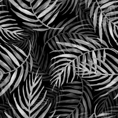 Panele Szklane Podświetlane  Akwarela bezszwowe tło, monochromatyczne. Tle liści palmowych akwarela. białe liście, sylwetka, kwiatowy wzór na czarnym tle. liść palmy tropikalnej.