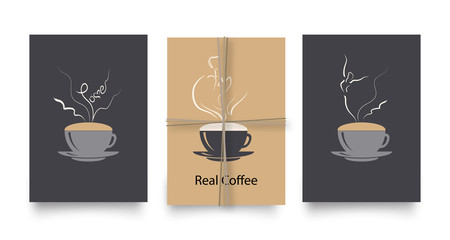 Vector set of posters or cards in coffee style. Vintage or retro templates for flyers, invitations, or cafe menu design. Coffee cups with soaring word love, kissing couple and dancing ballerina.