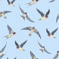 Obraz premium hand drawn painted seamless pattern of watercolor sketch of isolated swallow birds in sky