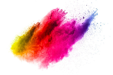 Multi color powder explosion isolated on white background. Color dust splash cloud on white background. Launched colorful particles on background.