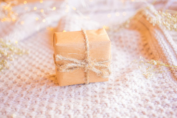 Fototapeta na wymiar Christmas box with craft paper. Christmas tree gift