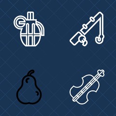 Premium set of outline vector icons. Such as combat, fishing, fruit, hand, food, grenade, catch, green, ammunition, raw, violoncello, metal, rod, instrument, bomb, white, juicy, fresh, explosive, ripe