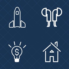 Premium set of outline vector icons. Such as spaceship, travel, digital, equipment, discovery, music, stereo, rocket, gadget, earphone, orbit, headphones, sound, shuttle, modern, creative, sign, ship