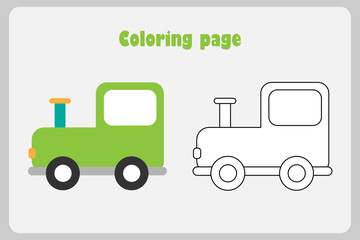 Locomotive in cartoon style, coloring page, education paper game for the development of children, kids preschool activity, printable worksheet, vector illustration