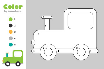 Locomotive in cartoon style, color by number, education paper game for the development of children, coloring page, kids preschool activity, printable worksheet, vector illustration