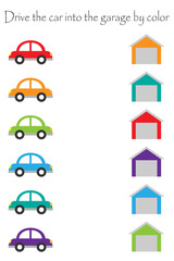 Drive colorful cars in cartoon style into garages by color for children, preschool worksheet activity for kids, task for the development of logical thinking, vector illustration