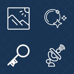 Fototapeta premium Premium set of outline vector icons. Such as astronomy, lock, beautiful, system, network, global, background, moon, unlock, communication, light, antenna, summer, wireless, technology, sign, door, key