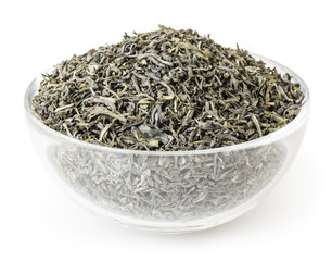 Green tea in glass bowl isolated on white background with clipping path