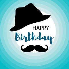 Vector Illustration. Happy birthday card for men on blue circles with mustache and hat