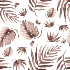 Watercolor abstract seamless background, pattern, spot, splash of paint, blot, divorce, color. brown, monochrome, sepia leaves of a tree, palms, abstract splash. brown, monochrome paint color. 