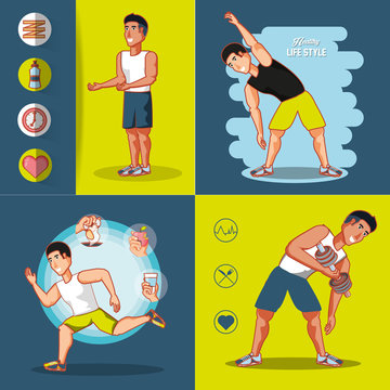 young athletes training sport with healthy lifestyle icons vector illustration design