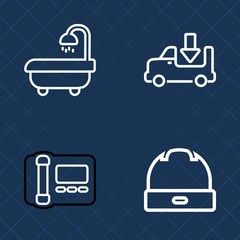 Premium set of outline vector icons. Such as object, home, fashion, apartment, cargo, phone, mirror, cap, delivery, paper, platform, modern, telephone, head, style, sink, bathroom, transport, digital