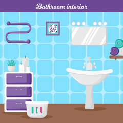 Fototapeta na wymiar Vector Illustration. Bathroom interior in cartoon style. Template poster with bathroom elements fot information. Modern interior bathroom