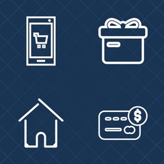 Premium set of outline vector icons. Such as money, smart, app, exterior, ribbon, buy, balance, building, store, residential, present, hand, purchase, cash, bank, house, phone, account, greeting, shop