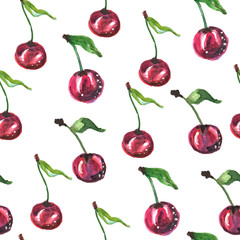 Seamless pattern with cherries. Watercolor illustration.
