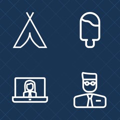 Premium set of outline vector icons. Such as computer, web, hiking, vanilla, adventure, landscape, sweet, dessert, tourism, travel, chocolate, cream, campfire, people, tent, flavor, forest, call, camp