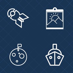 Premium set of outline vector icons. Such as war, cargo, crater, astronaut, border, bomb, image, wall, space, science, picture, destruction, explosive, vintage, moon, surface, explode, retro, ship