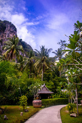 A tropical garden at a luxury resort on Krabi on the Andaman cost of southern Thailand.