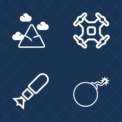 Premium set of outline vector icons. Such as photography, high, aerial, view, weapon, scenic, snow, top, war, scene, control, landscape, fly, bomb, nuclear, panorama, camera, travel, nature, hill, sky