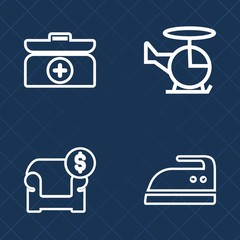 Premium set of outline vector icons. Such as aid, kit, help, helicopter, flight, sky, medical, doctor, comfortable, rescue, board, health, emergency, couch, sofa, transportation, fly, propeller, box