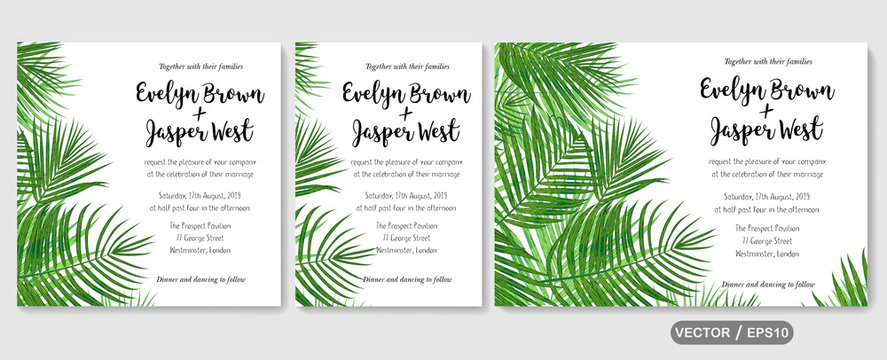 Wedding invite, invitation rsvp thank you card vector floral greenery design: Forest tropical palm leaf Areca branch green, foliage herbs elegant. Watercolor cute set