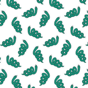 Hand drawn vector illustration of cartoon green snake pattern.