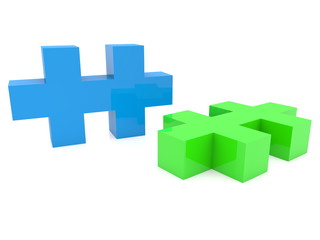 Two pieces of puzzle in green and blue on white