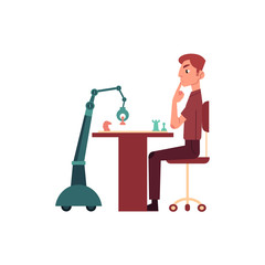 Artificial intelligence concept with young man and robot playing chess - concept of friendly relations between machine and human. Flat futuristic vector illustration with person and android.