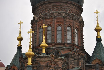 Fototapeta na wymiar Russian Orthodox Church Exterior in Harbin, China
