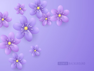 Vector 3d realistic purple paper flowers on the violet background. Decorative floral craft elements of design for greeting and invitation cards.