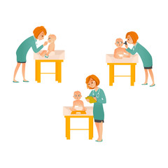 Female pediatrician examines baby on scheduled checkup set isolated on white background - doctor weighing child and checking his ears and throat with mouth in office, cartoon vector illustration.