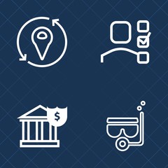 Premium set of outline vector icons. Such as equipment, bank, notebook, refresh, sea, travel, money, pin, cash, note, management, location, refreshment, water, summer, ocean, employee, vacation, map