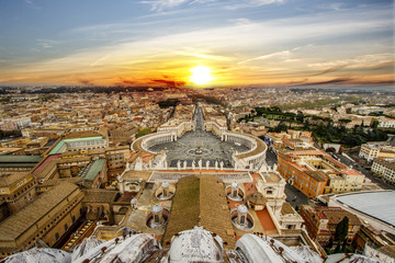 PANORAMA BY CUPOLA SAINT PETER BASILICA. FAMOUS DESTINATION OF ROME. TOP ATTRECTION OF ITALY.