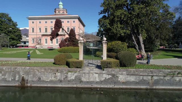 Closeup of Villa Ciani, its public park and aerial view of Lugano