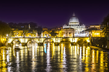 Fototapeta na wymiar VATICAN CITY SAINT PETER BASILICA BY RIVER. NIGHT LIGHT. FAMOUS DESTINATION OF ROME. TOP ATTRECTION OF ITALY.