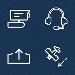 Premium set of outline vector icons. Such as air, entertainment, headphone, camera, travel, communication, aircraft, plane, call, airplane, equipment, safe, private, button, aviation, download, tv