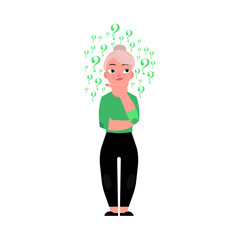 Cartoon old caucasian elderly grey-haired woman in casual green clothing standing in thoughtful pose holding chin thinking with questions above head portrait. Isolated vector illustration