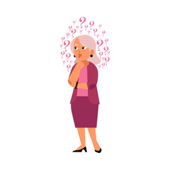 Old caucasian elderly grey-haired woman in casual pink clothing standing in thoughtful pose holding chin thinking with questions above head portrait. Isolated background vector illustration