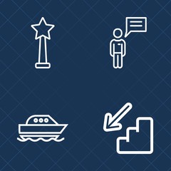 Premium set of outline vector icons. Such as people, vessel, business, travel, person, message, man, ocean, sign, winner, award, boat, chat, cruise, star, prize, nautical, blue, stairs, transport, up