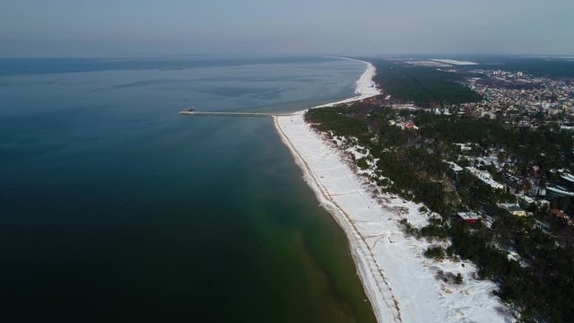flight over sea shore at winter