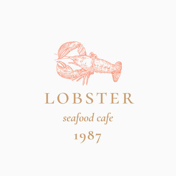 Lobster Abstract Vector Sign, Symbol or Logo Template. Hand Drawn Grayfish or Lobster with Classy Retro Typography. Vintage Vector Seafood Cafe Emblem.